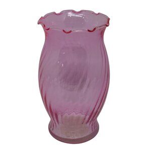 VTG Indiana Glass Pink Swirl Vase Ruffled Top Optic Glass 6.5"x3.5" Collectible